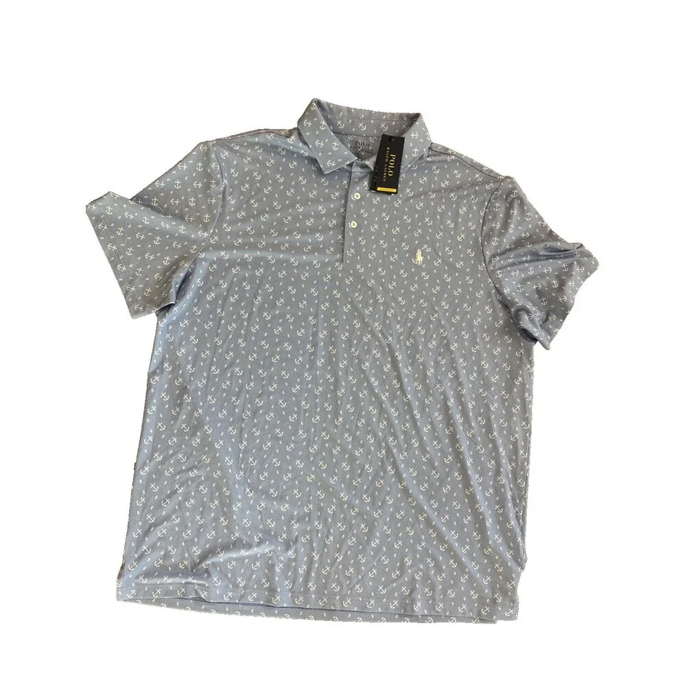 Polo Ralph Lauren Performance XL Light Blue Anchor Pattern Polo Shirt Collar AOP
